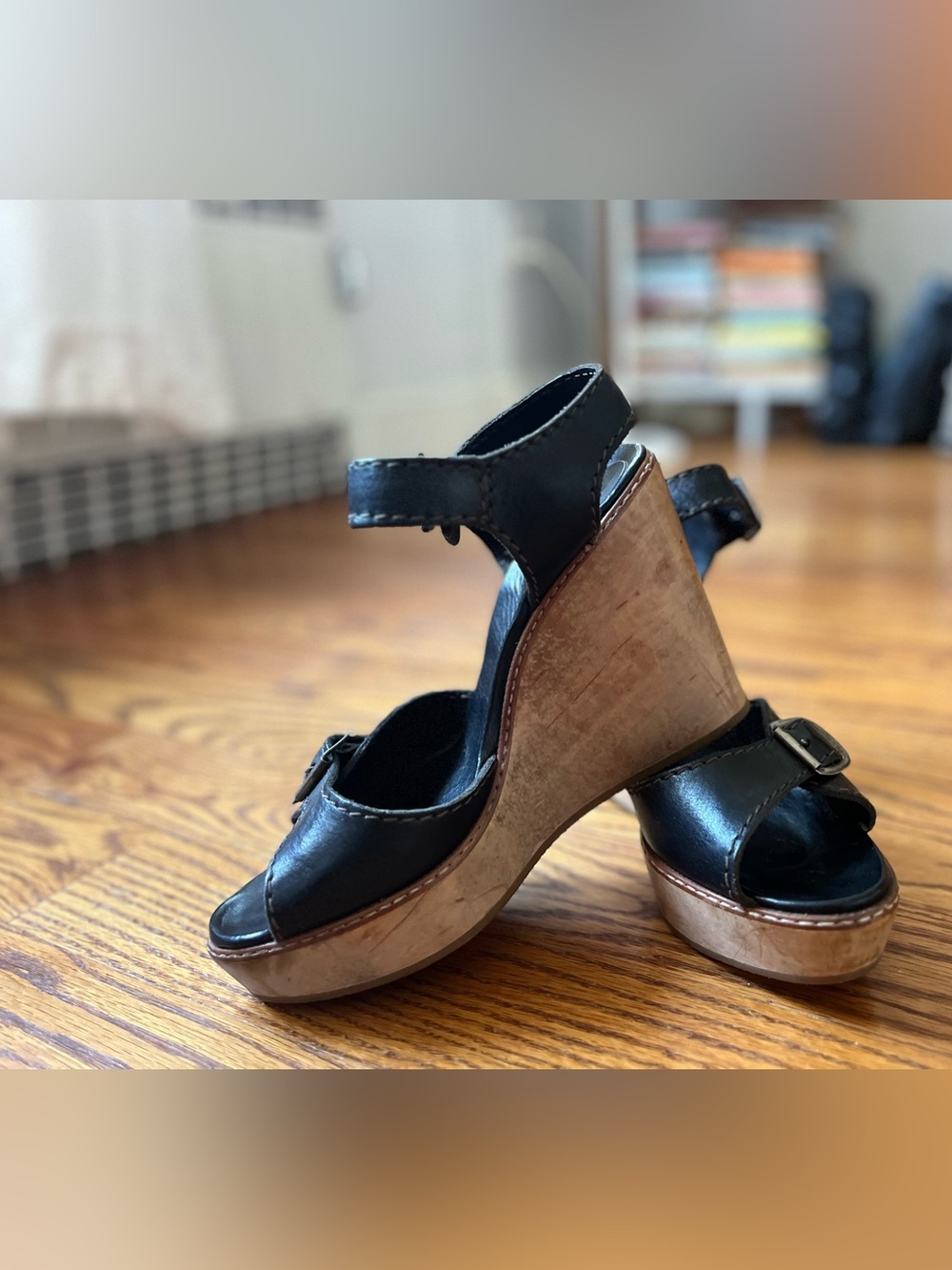 Chloe Vintage Black Leather Wedge Sandals with Wooden Platform
